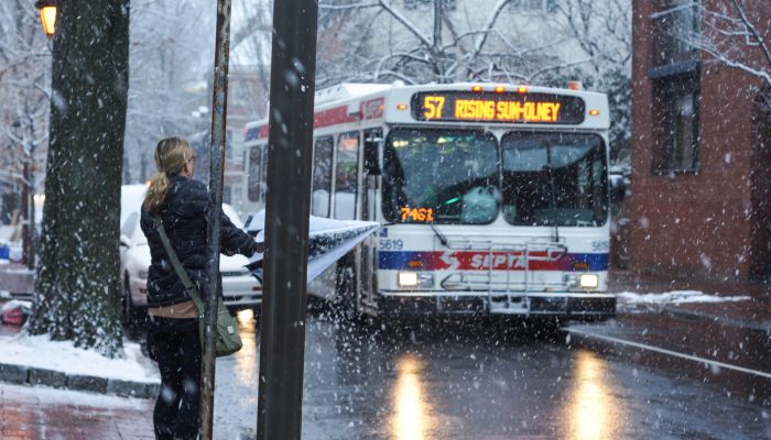Route 57 SEPTA bus in the snow.
