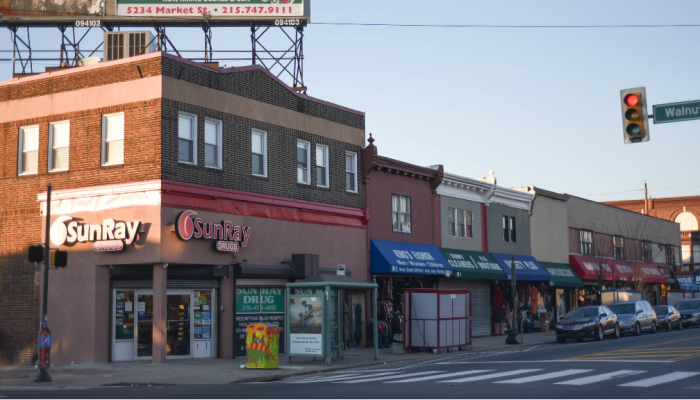 A commercial corridor in West Philadelphia