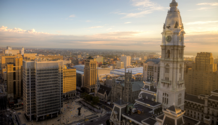 Philadelphia City Hall with the Municipal Services Building behind it