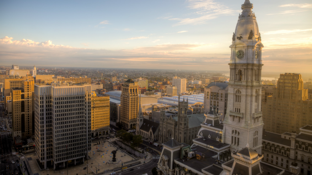 Philadelphia City Hall with the Municipal Services Building behind it
