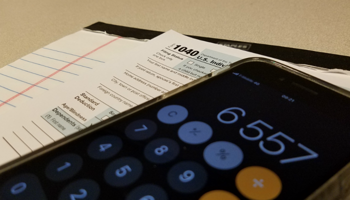 A 1040 federal income tax return and a calculator