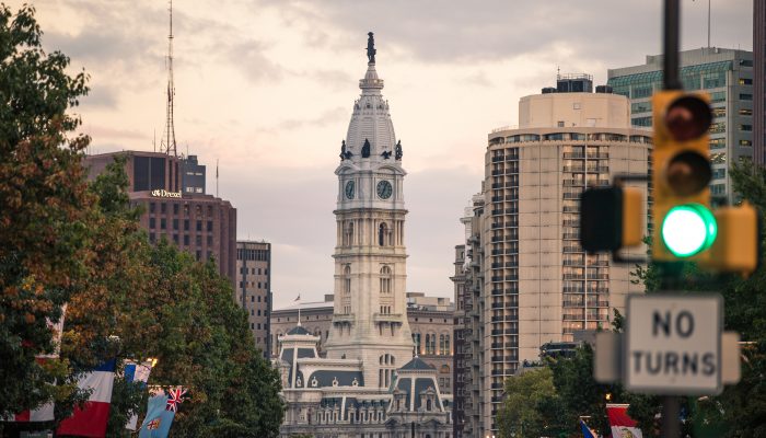 City Hall and flags from Parkway