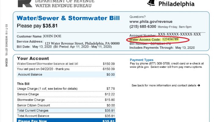 A copy of a Philadelphia water bill, drawing attention to the nine-digit customer account number