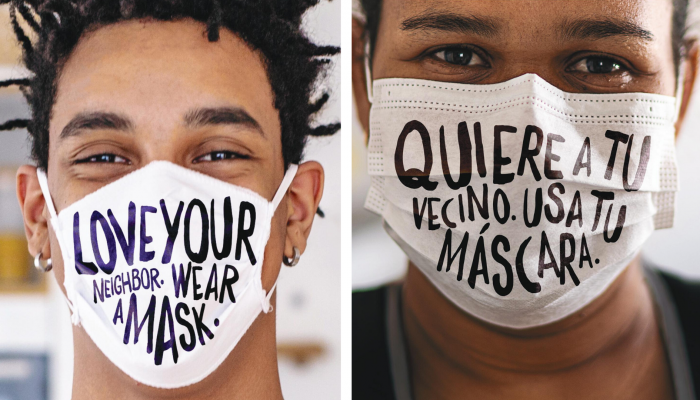 Mask up Philadelphia campaign image of people wearing masks that say "Love your neighbor wear a mask"