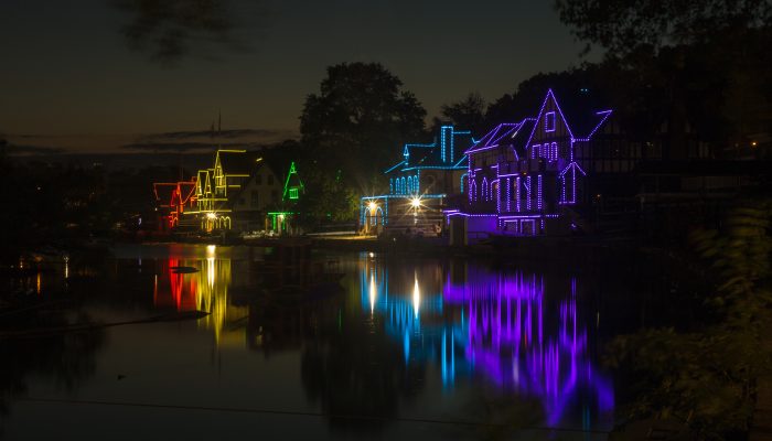 Boathouse Row with multi-color lights to celebrate LGBTQ Pride Month.