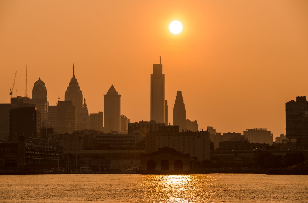 Skyline of Philadelphia with sun