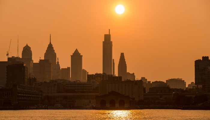 Skyline of Philadelphia with sun