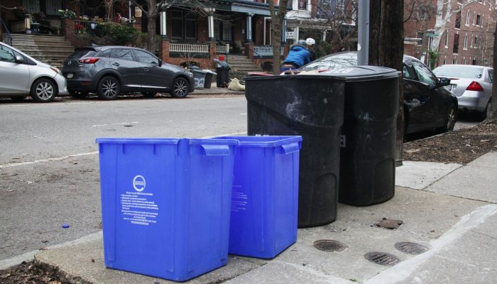 trash and recycling cans out curbside for pick up