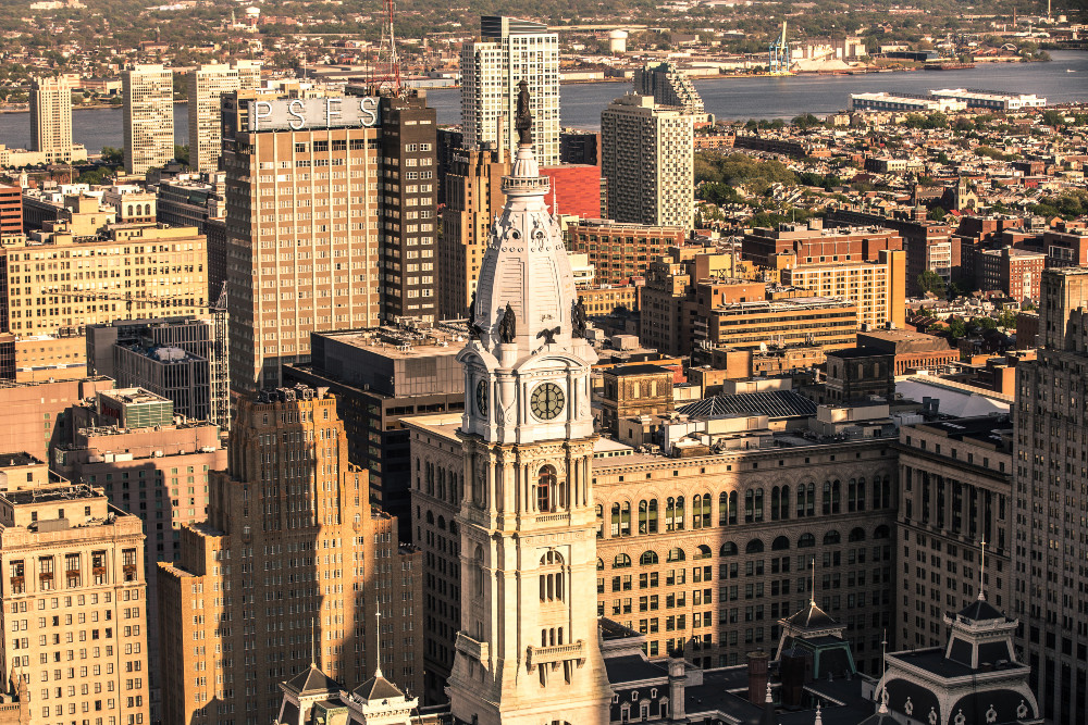 City Hall against a backdrop of Philadelphia buildings