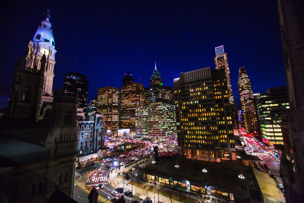 the city of philadelphia center city lit up at night time