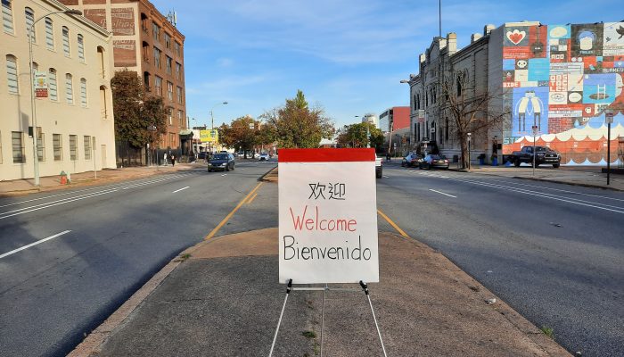 Welcome sign on Spring Garden Street towards 6th St
