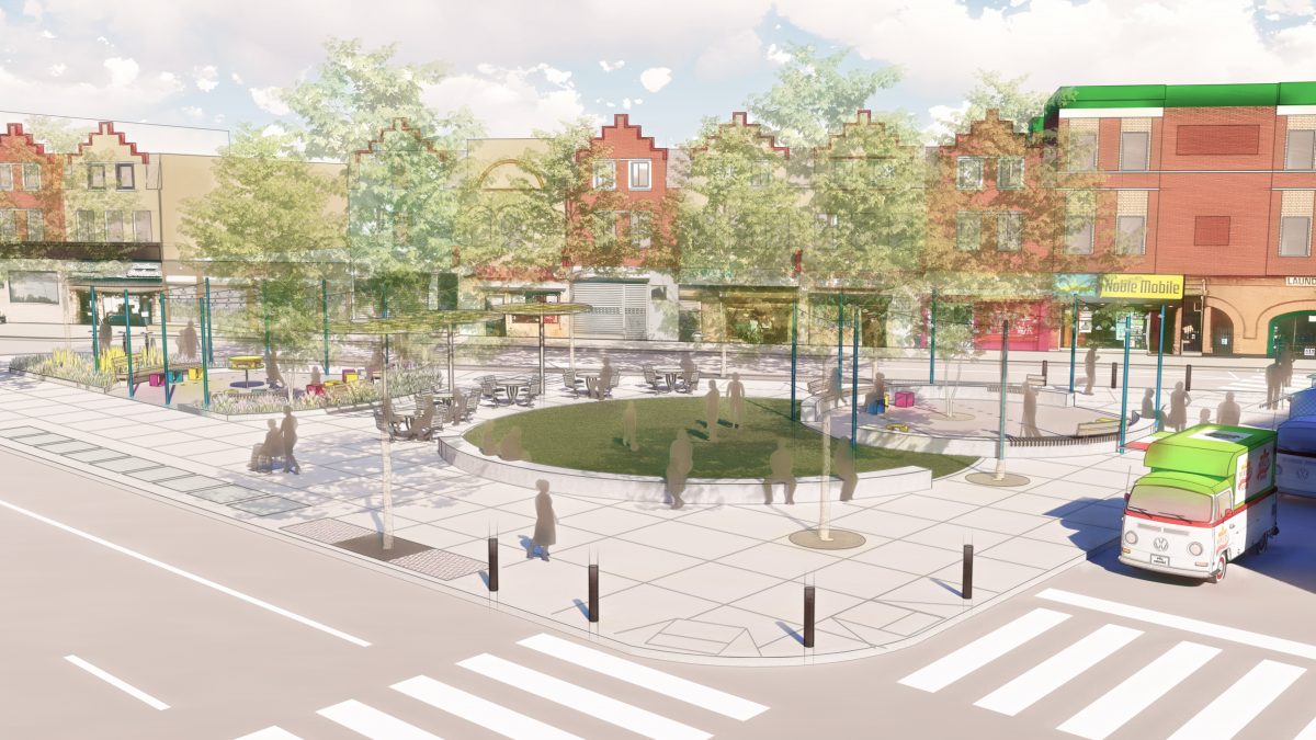 Graphic illustration of the draft design for the triangle at Broad Street, Butler Street, and Germantown Avenue.