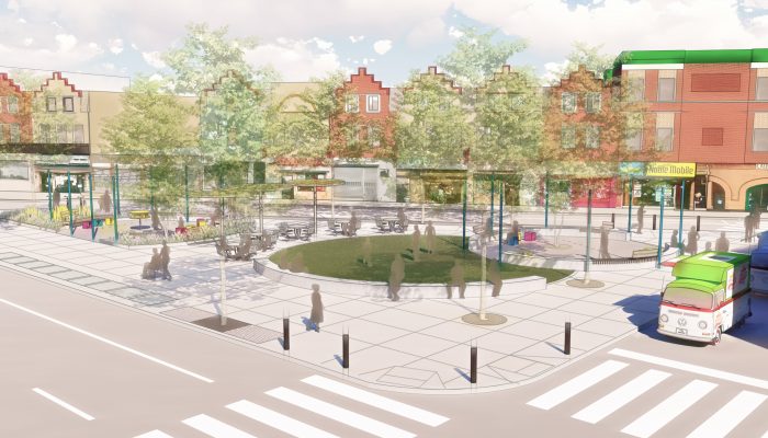 Graphic illustration of the draft design for the triangle at Broad Street, Butler Street, and Germantown Avenue.