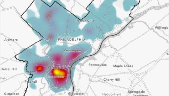 تُظهر خريطة الحرارة هذه المكان الذي تمت جدولة عمليات التقاط Retrievr فيه في فيلادلفيا.