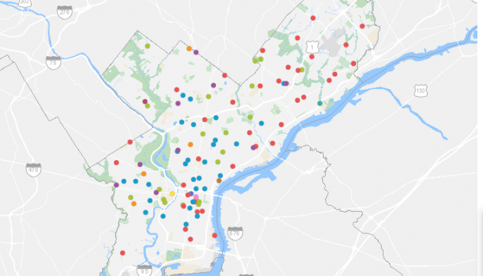 a map of philadelphia with different color-coded dots which represent the different types of sites approved to distribute covid vaccine throughout Philadelphia. The dots span the entire map.