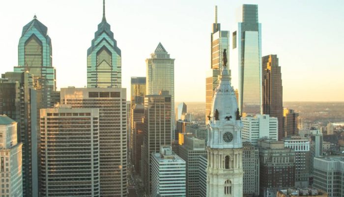 The Philadelphia skyline, including City Hall and its statue of William Penn