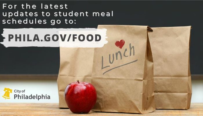 Graphic that reads: for the latest updates to student meal schedules go to phila.gov/food