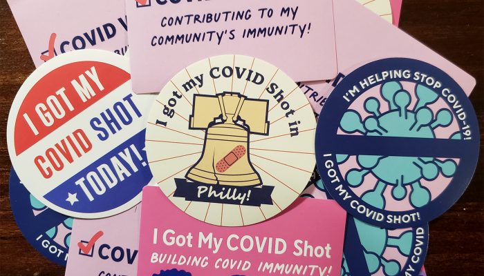 stickers that say I got my covid shot in Philly