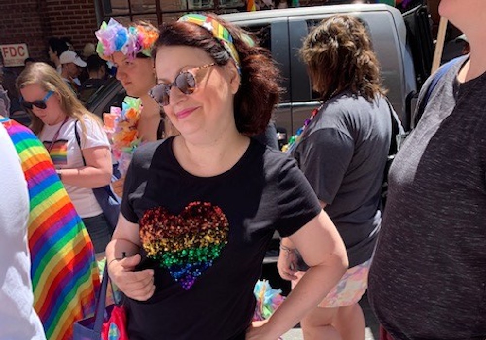 Shows Kathleen Brady, MD, smiling at a Philadelphia LGBTQ pride event in 2019.