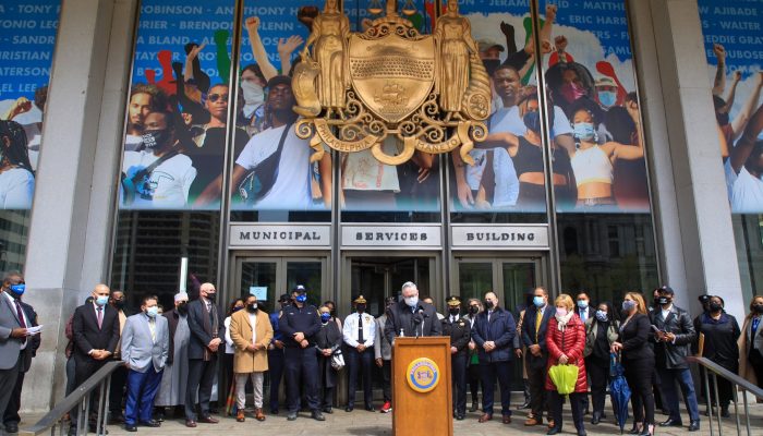 mayor kenney and officials at a press conference outisde msb