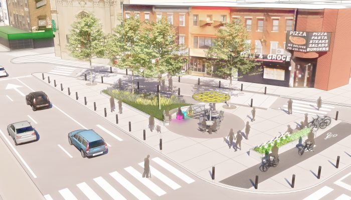 The future triangle at Erie would be larger and safer than it is today. The City’s project proposes new trees, plants, shade, and benches.