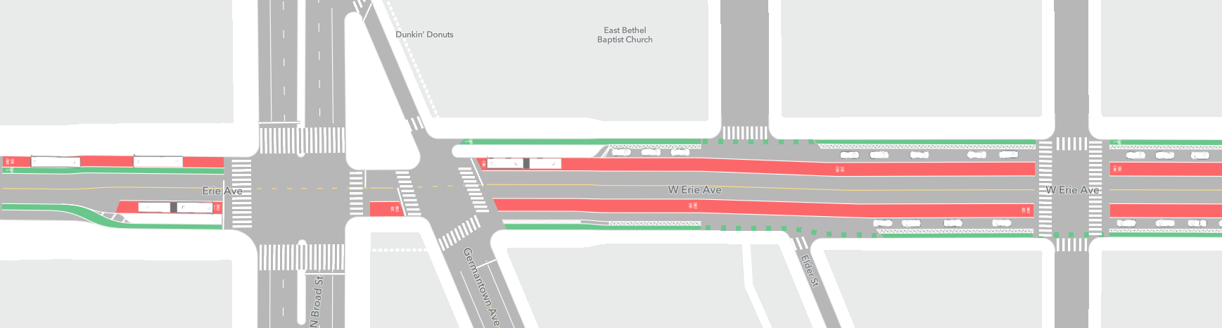 Street map of Erie Avenue with green and red lanes showcasing improved bus and bike lanes.