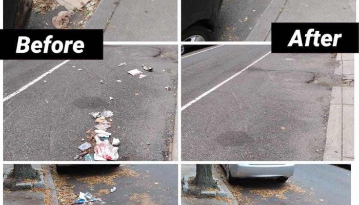 Before and after photos of trash on the street and then picked up, thanks to the PHL TCB program.