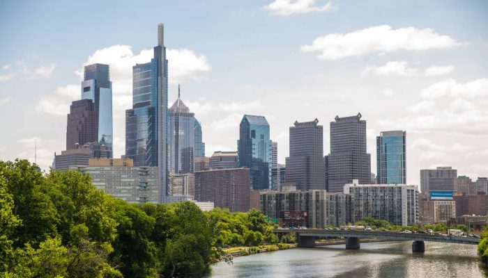 View of Center City Philadelphia behind the Schuykill river.