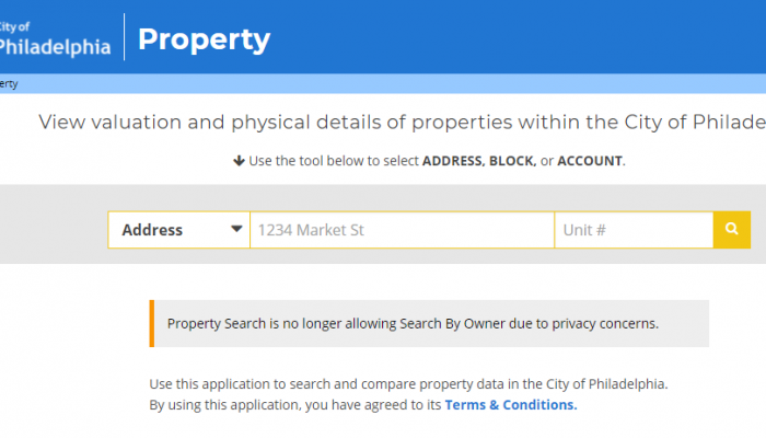 Homepage of the Philadelphia Real Estate Tax search website