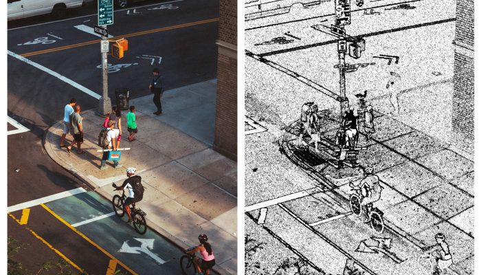 Comparação lado a lado de uma imagem mostrando pessoas e veículos em uma rua e a imagem de borda produzida pela iluminação pública inteligente.