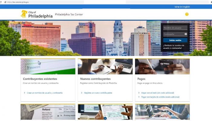 La página de incio del Philadelphia Tax Center es español