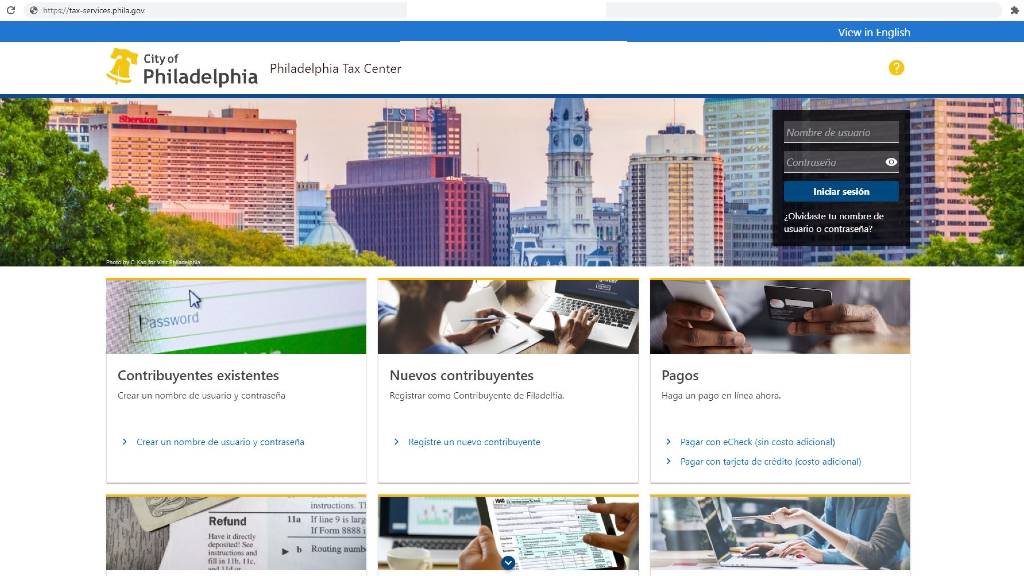 La página de incio del Philadelphia Tax Center es español
