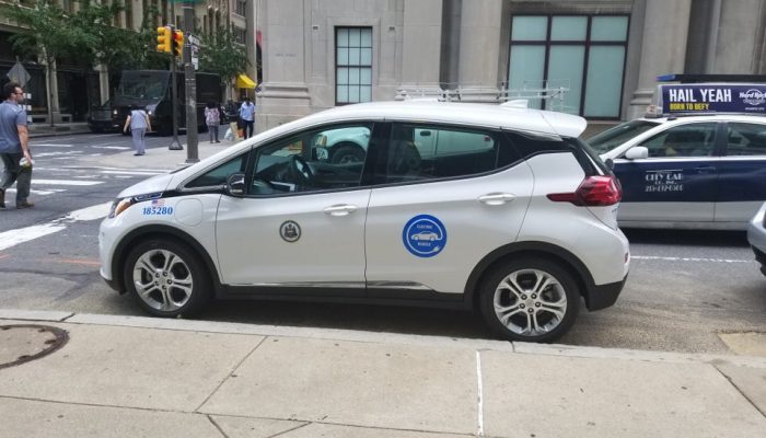 An electric passenger vehicle part of the municipal fleet