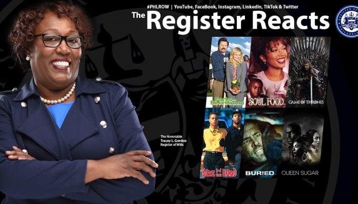 A title card for the "Register Reacts" series, showing the Register of Wills, Tracey L. Gordon