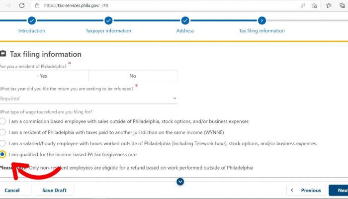 screenshot from low-income Wage Tax refund online request form