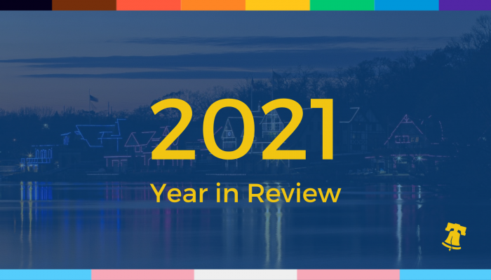 a graphic that says 2021 year in review with a stripe of more colors more pride and the trans pride colors