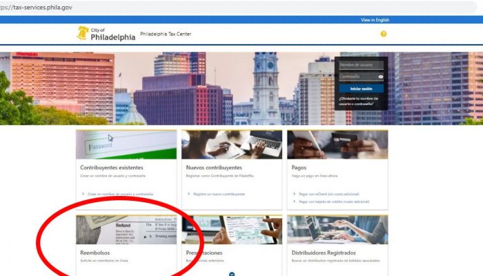 Pagina de inicio del Philadelphia Tax Center para solicitudes de reembolso