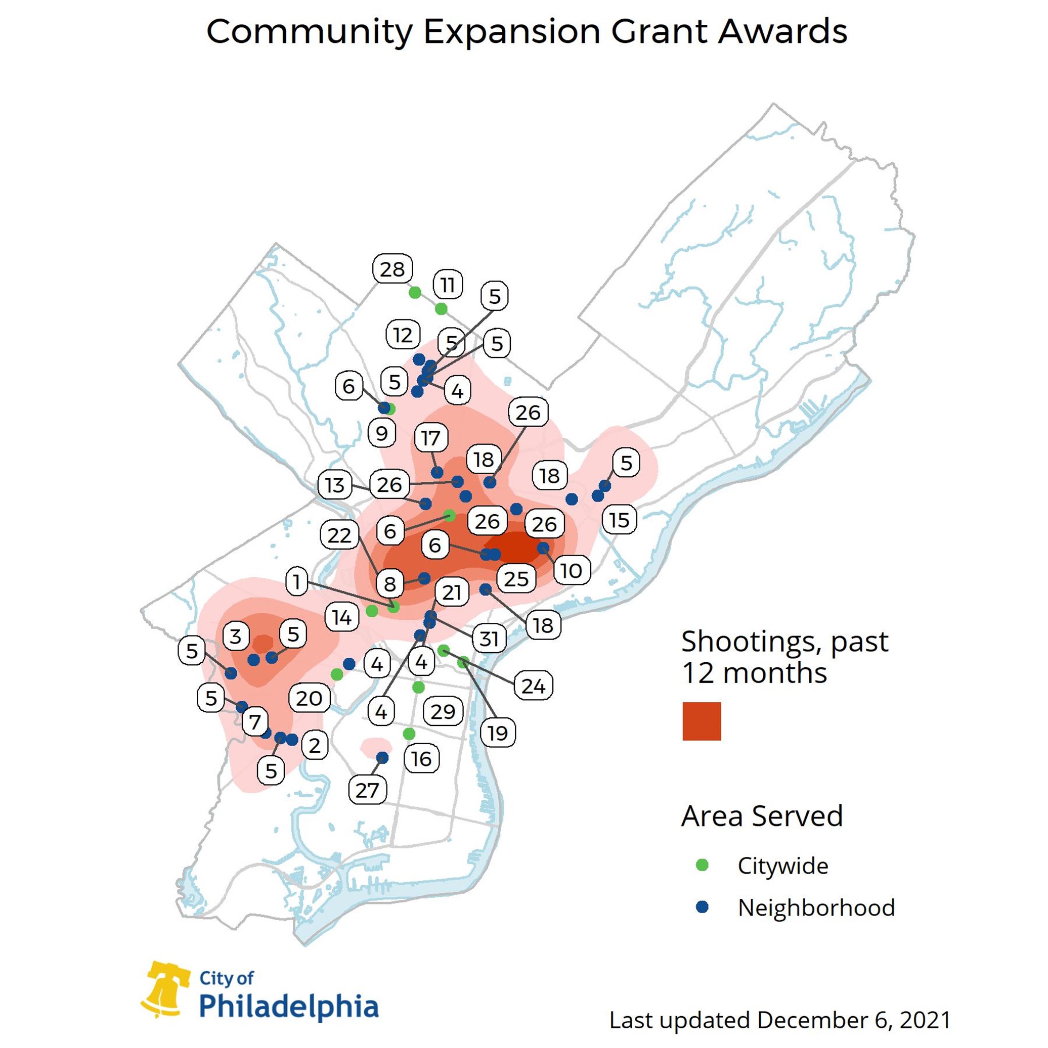 a map of philadelphia showing hotspots of shooting in the last 12 months in relation to the service areas of grant awardees