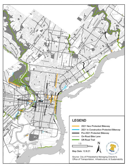 This map of the Philadelphia protected bike lane network is current as of December 6, 2021. It shows new and in-construction bikeways from this year, as well as bikeways that existed prior to 2021.