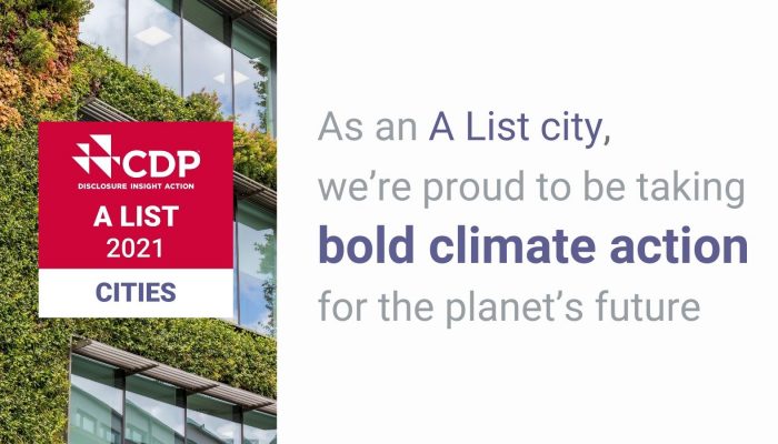 Logo for the CDP organization's A List 2021 cities, with text reading: as an A List City, we're proud to be taking bold climate action for the planet's future.