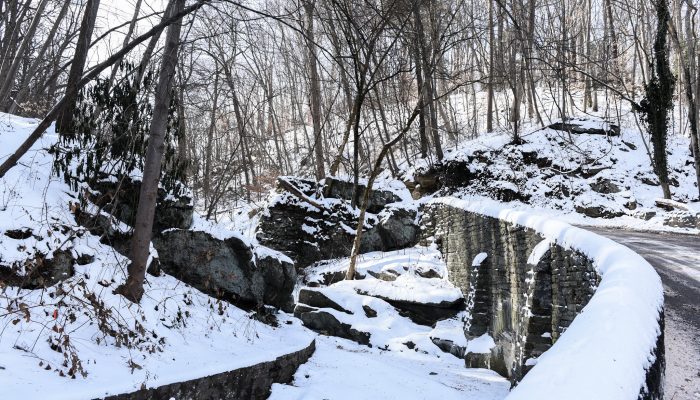 A park trail leading into a snowy Wissahickon Park.