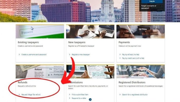 Arrow points to where to start an online Refund request on the Philadelphia Tax Center website