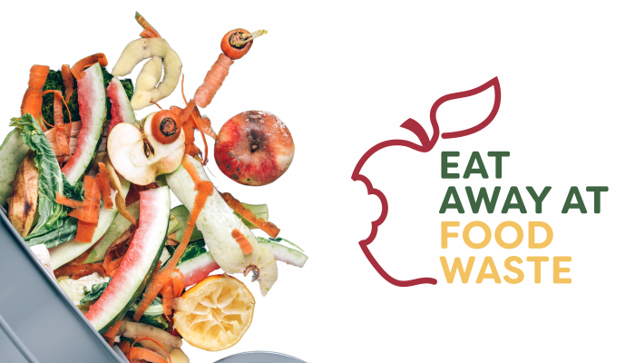 From left to right: an overflowing container of bruised produce and food scraps. The Eat Away at Food Waste campaign logo.