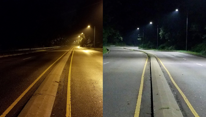 Streetlights on Lincoln Drive, before and after LED conversion