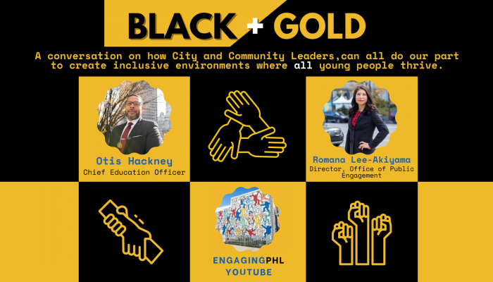 Black + Gold banner with Romana Lee Akiyama and Otis Hackney