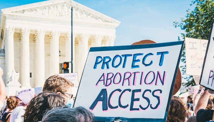a handmade sign reading "protect abortion access," held by a person attending a protest