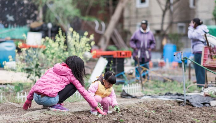 Two children working in a community garden