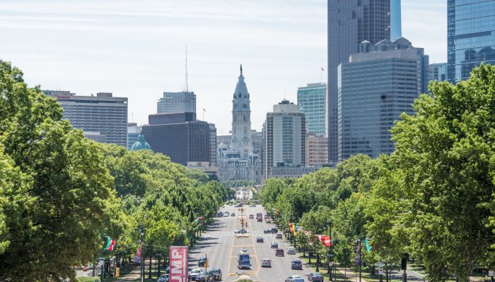 Philadelphia city hall in the background from the vantage point of the benjamin franklin parkway