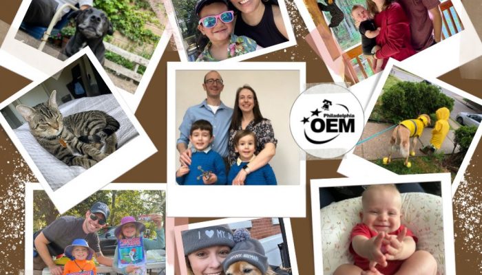 Collage of family photos with young children and pets