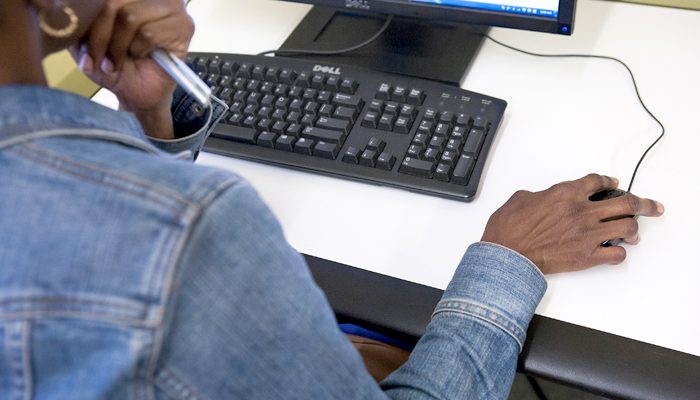 Une femme utilise un ordinateur de bureau.